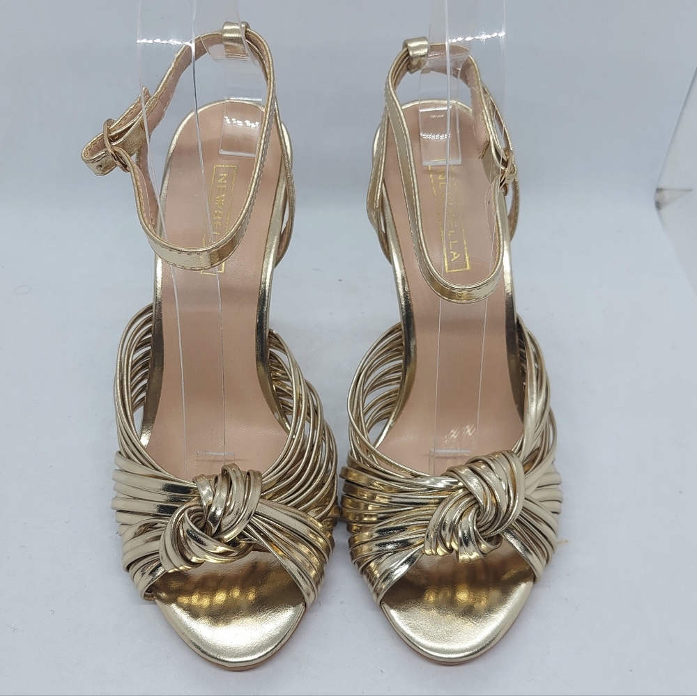 Newbella High Heels Sandals Twisted Knot Gold Women's Size 37 US 6.5 Party Shoes